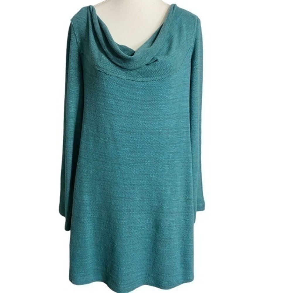 Soft Surroundings Women's Medium Blue Green Embroidered Cowl Neck Tunic